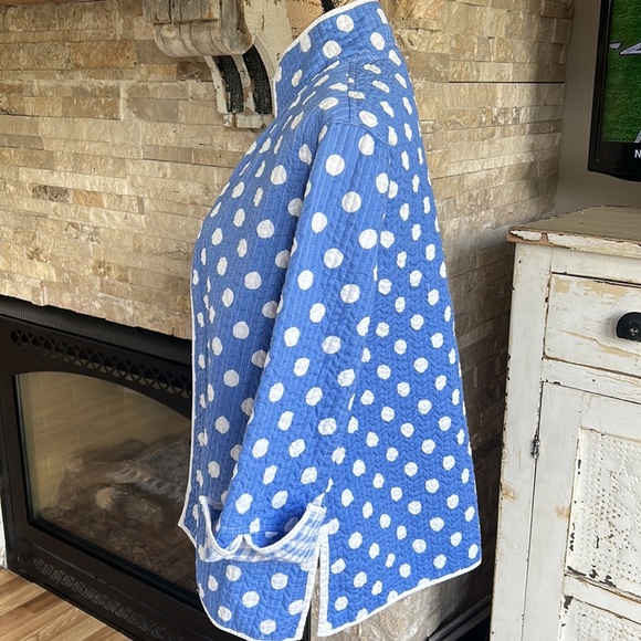 Patty Kim blue with white polka dots quilted roll sleeve open front jacket - Picture 7 of 16